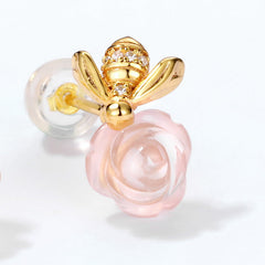 Pink Crystal Rose Bee and Leaf Zircon Silver Stud Earrings