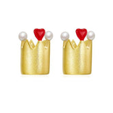 Enamel Golden Crown Pearl Stud Earrings