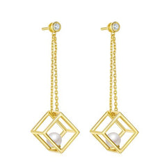 Cube with Pearl Tassel Drop Earrings