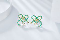 Enamel Heart Shape Paper Clip Pearl Stud Earrings
