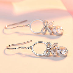 Circle with Bowknot Round Zircon Silver Drop Earrings for Women