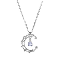 Crescent Moon with Zircon Pendant Silver Necklace for Women
