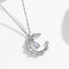 Crescent Moon with Zircon Pendant Silver Necklace for Women