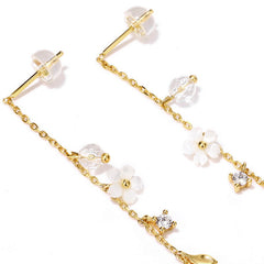 White Pear Blossom Colourful Zircon Long Tassel Sterling Silver Drop Earrings