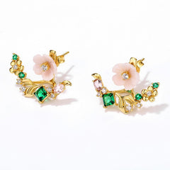 Pink Flower Colourful Zircon Sterling Silvre Stud Earrings
