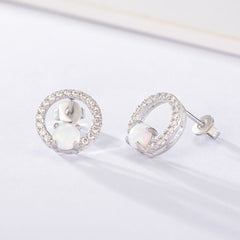 Four Prongs Opal Jewelry with Zircon Circle Silver Studs Earrings for Women