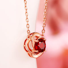 Natural Round Red Garnet Four Leaf Clover Pendant Sterling Silver Necklace