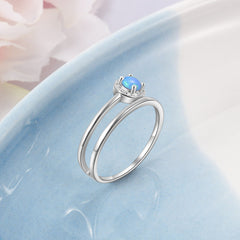 Creative Round Blue Opal Zircon Soleste Halo Split Shank Sterling Silver Ring