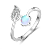 Zircon Leaf Round Moon Stone Opening Sterling Silver Ring