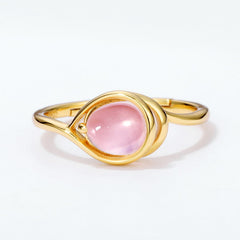 Oval Pink Crystal Water Droplet Opening Silver Ring