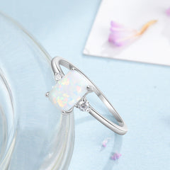 Rectangle Opal with Two Small Zircon Sterling Silver Ring