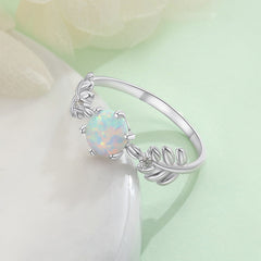 Round Opal Leaf with Small Zircon Sterling Silver Ring