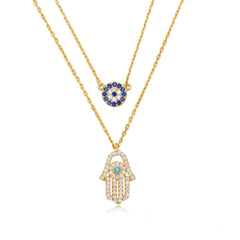 Devil's Eye Hamsa Palm with Zircon Double Silver Necklace for Women