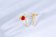 Asymmetric Pearl Red Heart Enamel Stud Earrings
