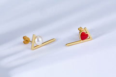 Asymmetric Pearl Red Heart Enamel Stud Earrings