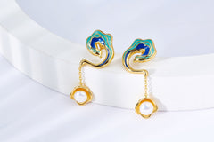 Enamel Flying Phoenix with Pearl Drop Earrings