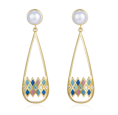 Colourful Enamel Rhombus Grid Pearl Drop Earrings