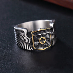 Crusader Shield Teutonic Cross Wings Titanium Steel Ring for Men