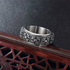 Row of Oblique Cross Flower Rotating Titanium Steel Ring for Men