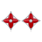 Red Clover Rhombus Enamel Silver Stud Earrings
