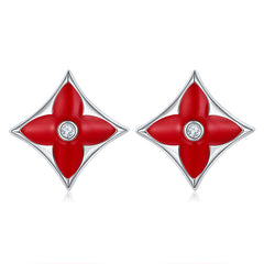 Red Clover Rhombus Enamel Silver Stud Earrings
