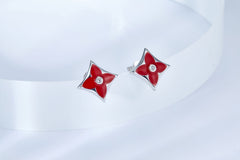 Red Clover Rhombus Enamel Silver Stud Earrings
