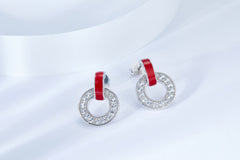 Circle Red Enamel Silver Stud Earrings
