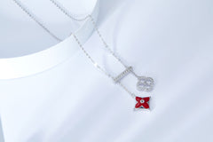 Double Clover Red Enamel Silver Necklace