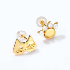 Cute Cat and Cat Palm Pearl Asymmetric Sterling Silver Stud Earrings
