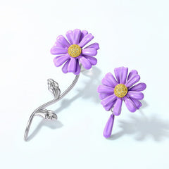 Enamel Purple Daisy Zircon Asymmetrical Sterling Silver Earrings