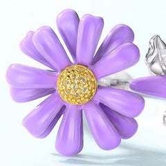 Enamel Purple Daisy Zircon Opening Sterling Silver Ring