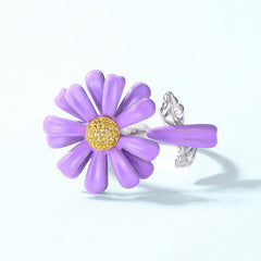 Enamel Purple Daisy Zircon Opening Sterling Silver Ring