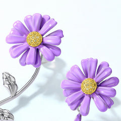 Enamel Purple Daisy Zircon Asymmetrical Sterling Silver Earrings