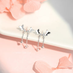 Mini Butterfly Tassel Silver Drop Earrings for Women