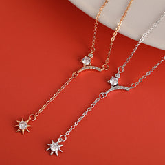Stylish V-shape with Zircon Sun Tassel Silver Necklace for Women