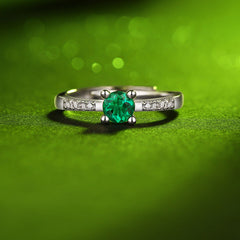 (0.5CT) Lab-Created Emerald Round Ice Cut Solitaire Four Prongs Adjustable Open-ended Silver Ring for Women