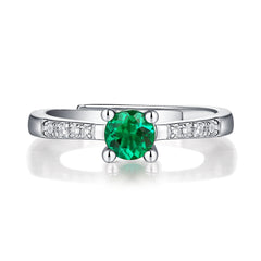 (0.5CT) Lab-Created Emerald Round Ice Cut Solitaire Four Prongs Adjustable Open-ended Silver Ring for Women