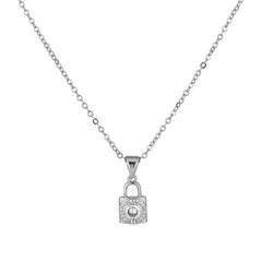Zircon Small Lock Pendant Silver Necklace for Women