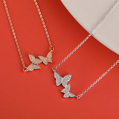 Full Zircon Double Butterflies Pendant Silver Necklace for Women