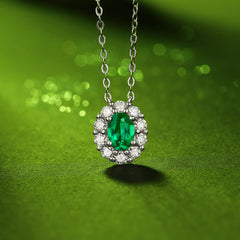 (1.0CT) Lab-Created Emerald Oval Ice Cut Soleste Halo Pendants Silver Necklace for Women