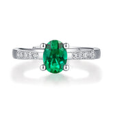 (1.0CT) Lab-Created Emerald Oval Ice Cut Solitaire Four Prongs Adjustable Open-ended Silver Ring for Women