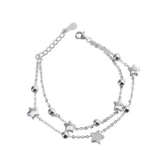 Double-chain Beading Star and Round Beads Silver Bracelet for Women