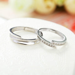 Stripe with Zircon Opening Silver Couple Ring