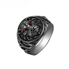 Red Eye Zircon Lion Head Relief Round Shape Titanium Steel Ring for Men