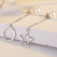 Circle Star Tassle with Pearl Asymmetrical Silver Drop Earrings for Women
