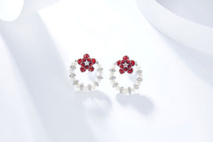 Enamel Red Flower Pearl Garland Stud Earrings