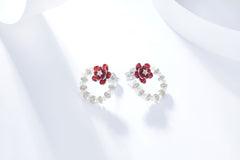 Enamel Red Flower Pearl Garland Stud Earrings