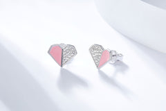 Pink Enamel Heart Silver Stud Earrings