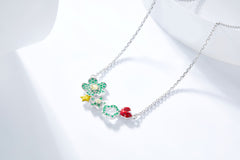 Ladybug and Flowers Enamel Silver Necklace