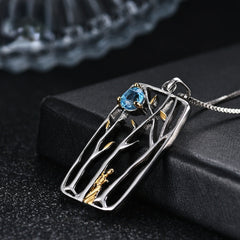 Italian Craftsman Jewelry Abstract Design Inlaid Natural Topaz Rectangle Pendant Silver Necklace for Women